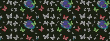 Watercolor Style 'da uçan kelebeklerle eskiz kalıbı. Doğadaki güzellik. Kumaş, Tekstil, Baskı ve Davetiye için arka plan. Raster illüstrasyonu.