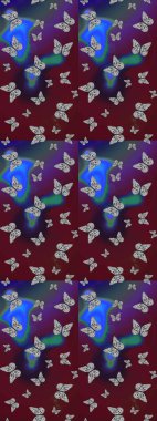 Kahverengi ve mor arka planda renkli kelebek deseni. Kahverengi ve mor renkli resim. Karala, karala, karala. Raster..