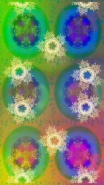 Kar tanelerinin soyut arkaplanlı Noel şablonu. Raster illüstrasyonu. Yeşil, mavi ve sarı renkler. Noel ve Yeni Yıl moda baskıları için tatil tasarımı.