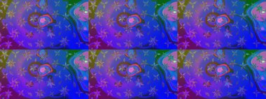 Raster illüstrasyonu. Mor ve mavi renklerde bahar çiçekleri. Patlayan çiçekler soyut olarak yerleştirilmiş. Raster deseni.