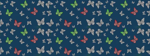 Mavi ve gri renklerle ilgili çiçek desenli eskiz. Resimlerde tropik kelebekler görülür. Duvar kağıtları, web sayfası geçmişi, yüzey dokuları, tekstil için mükemmel. Raster..