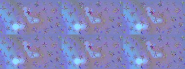 Gömlek, arka plan modelini çiz. Tropik çiçekler. Mor ve mavi renkte çiçekler.