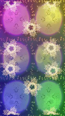 Renkli arka planda izole tatlı kar taneleri. Raster illüstrasyonu. Menekşe rengi, nötr ve yeşil renkli kar taneleri. Kar tanesi raster deseni.