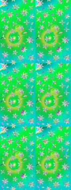 Suluboya elle çizilmiş çiçek desenli eskiz deseni. Parlak renkli fantezi çiçekleri, yapraklar, yeşil ve mavi renkli tomurcuklar yeşil ve mavi.