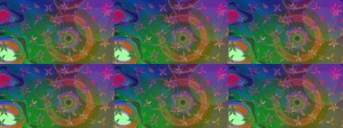 El çizimi çiçekli soyut çizim kalıbı. Raster illüstrasyonu. Yeşil ve mavi renkte çiçekler.