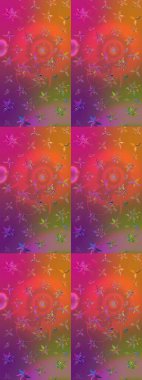 El çizimi çiçek çizimi deseni (fayans). Şirin çiçekli, desenli, mor ve turuncu renklerde renkli çizimler. Tekstil için suluboya çizim deseni.