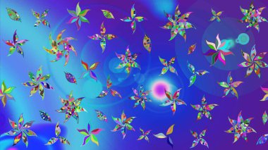 Çiçeksel elementlerle süslenmiş zarif raster dokusu. Küçük çiçekte hoş bir çiçek deseni var. Parlak çiçekli mavi ve mor renkler üzerine soyut çizim deseni.