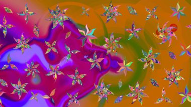 Küçük çiçekli yay deseni çiz. Raster illüstrasyonu. Suluboya tarzında turuncu ve mor renkler üzerine.