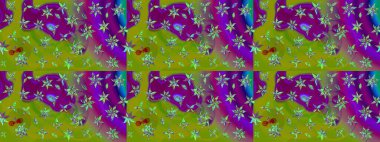 Moda baskıları için zarif bir şablon. Küçük çiçekte güzel bir desen. Küçük renkli çiçekler. Motley illüstrasyonu. Yeşil ve mor çiçekli bahar çiçekleri.