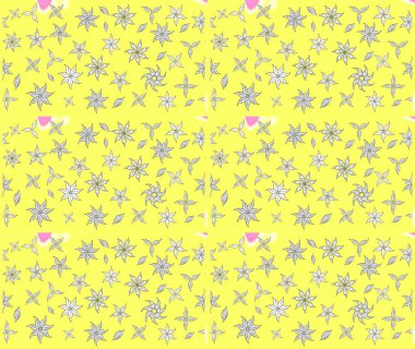 Çiçeksel fantezi tasarımı ve parlak bir arka plan çizimi. Düz Çiçek Elementleri Tasarımı. Renkli Bahar Teması çizim şablonu.