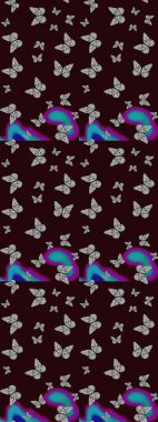 Kızlar, erkekler, elbiseler, duvar kağıtları için soyut çizim kalıbı. Kelebek, kanat, neon renkli yaratıcı raster arka plan. Tekstil ve kumaş için komik kelebek deseni. Moda tarzı.