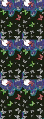 Kelebekli parlak eskiz deseni. Gri ve mavi renkli resim. Moda Kumaşı Tasarımı. Raster illüstrasyonu.