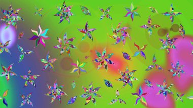 Yapraklı çiçekler ve yeşil ve mor renkli papatya çiçekleri. Raster - stok. Taslak arkaplan deseni.