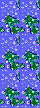 Raster illüstrasyonu. Renkli desenli eskiz deseni, mavi çiçekler ve dekoratif elementlerle. Eskiz geçmişi. Eski usul. Kumaş, tekstil ve duvar kağıdı baskısı için..