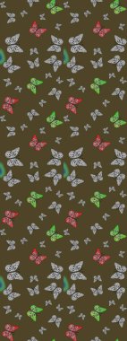 Renkli Kelebeklerle Bahar Arkaplanı. Kart, Davetiye ve Yazdırma için Şirin Kadınsı Desen. Güzel Kelebek Siluetleriyle Moda Dekorasyonu. Yeşil ve gri renkler üzerine Raster Arkaplanı.