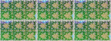 Çiçek kiremitleri. Kusursuz desenli oryantal süs. Raster altın tekstil baskısı. Yeşil ve nötr renklerde altın desenli altın elementler. İslam tasarımı.