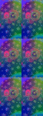 Renkli Bahar Teması eskiz kalıbı. Düz Çiçek Elementleri Tasarımı. Yeşil ve mavi renkte çiçekler. Sevimli çiçek raster deseni.