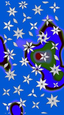 Raster deseni. Raster illüstrasyonu. Patlayan çiçekler soyut olarak yerleştirilmiş. Yumuşak, bahar çiçekleri mavi renklerde.