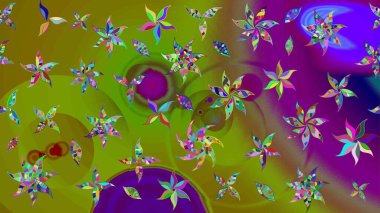 Raster illüstrasyonu. Çiçek desenli çizim. Raster illüstrasyonu. Yeşil ve kahverengi renkli çiçekler. Asya tekstil tarzında.