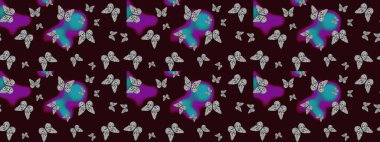 Kahverengi ve gri soyut suluboya kelebekleri olan yumuşak bir deniz mavisi deseni. Yazdırmayı tekrarla. Sonsuz. Raster illüstrasyonu.