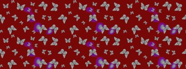 Şirin kelebeklerin güzel çizim şekli. Elle çizilmiş illüstrasyon. Moda Kumaşı Tasarımı. Kırmızı ve gri renkli resimler. Raster..