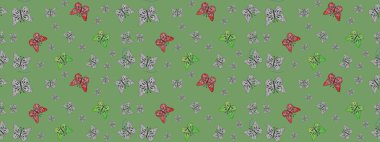 Kelebeklerle dolu yaz arkaplanı yeşil ve gri renkler. Basit Kadınsı Kart, Davetiye, Yazdırma Kalıbı. Güzel Kelebek Siluetleriyle Moda Dekorasyonu. Güveli Raster Arkaplanı.