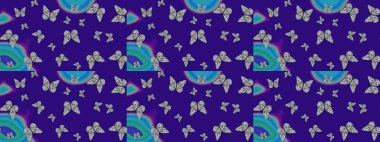 Kelebekler çizim kalıplarını mavi ve gri renklerle çizerler. Şirin Raster çizimi. Web sayfası arkaplanları, duvar kağıtları, tekstil, yüzey dokuları için mükemmel.