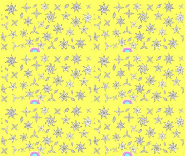 Sabıka fotoğraflarında, bebek kıyafetlerinde, duvar kâğıtlarında, paket kutularında falan kullanılabilir. Raster. Zarif, parlak ve eskiz sarı çiçek desenli.