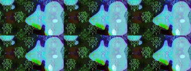 Parlak renkli fantezi çiçekleri, yapraklar mavi ve gri renkli tomurcuklar ve mavi ve gri renkler. Suluboya el çizimi elementli çiçek çizimi deseni.