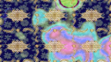 Altın çiçekli mavi renklerde altın eskiz deseni. Raster geometrik arka plan. Altın renkli çizim çizimi. Senin tasarımın için, duvar kağıdı..