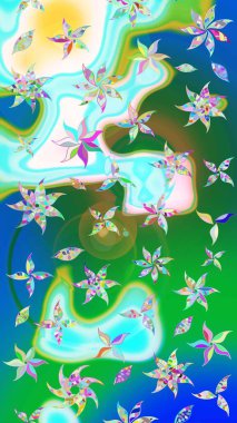 Çiçekli çiçek deseni, suluboya. Yeşil ve mavi renkte çiçekler. Renkli Bahar Teması eskiz kalıbı. Düz Çiçek Elementleri Tasarımı. Raster illüstrasyonu.