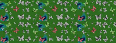 Kelebekli çizim şekli. Tekstil, kumaş, baskı ve davetiye geçmişi. Yeşil ve gri renkli bir resim. Raster..