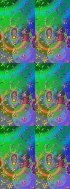 Çiçekler. Soyut etnik raster çizim kalıbı. Vadinin çiçekleri yeşil ve mavi renklerde.