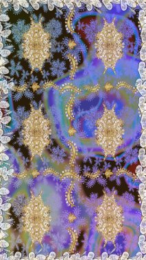 Menekşe renklerinde, altın elementli, pürüzsüz bir desen. Şam tasarım için kusursuz desen.