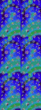 Arkaplan dokusu, duvar kağıdı, mavi ve yeşil renkli çiçek teması. Soyut etnik raster çizim kalıbı. Kabile sanatı boho baskısı, klasik çiçek arkaplanı.