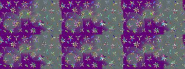 In asian textile style on purple and neutral colors. Raster illustration. Floral sketch pattern with watercolor flowers.