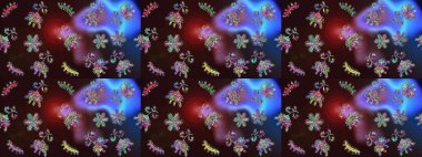 Modern çiçek arkaplanı. Moda baskıları için zarif bir şablon. Halk tarzı. Parlak renkli çiçekleri ve kahverengi, mavi ve menekşe renklerinde yaprakları olan şaşırtıcı, pürüzsüz çiçek deseni..