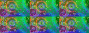 Raster illüstrasyonu. Yeşil ve mavi renklerde. Çiçek buketleriyle klasik tarzda eskiz deseni.