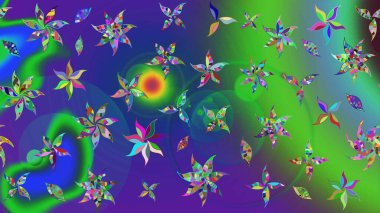 Çiçekli karalama şeklinde Raster çiçek deseni. Yeşil ve mavi renkte çiçekler. Nazik, narin çiçek arkaplanı.