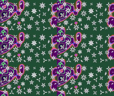 Raster Çiçek İllüstrasyonu güzel tekstil. Yeşil renkli etnik çiçeklerle zarif eskiz deseni.