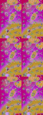 Çok renkli, zarif küçük çiçekler ve sarı renkli komik böcekler, raster desen, illüstrasyon..