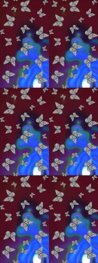 Kelebekli çizim şekli. Bahar ve yaz tasarımı için renkli bir arkaplan. Elle çizilmiş illüstrasyon. Raster renklendirilmiş sonsuz doku.