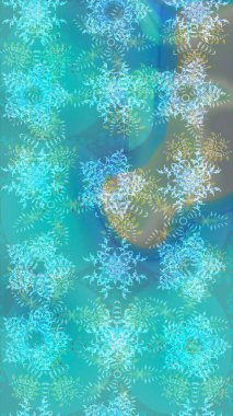 Modern soyut tasarım posteri, kapak, mavi, nötr ve yeşil renkli kart tasarımı. Kar taneleri tasarımı. Son moda kar taneleri ve elementler onun kartlarını gösteriyor. Retro biçim dokusu, kış elementleri.