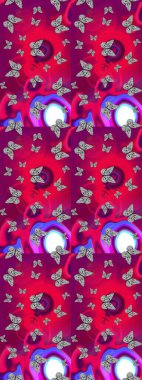 Giysi tasarımı için mor arka planda geleneksel Raster halk çiçekleri dekoru. Nakış, egzotik kelebeklerle süslü çiçek eskiz deseni. Kart, yazdırma, davet için basit şirin desen.