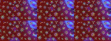 El çizimi çiçek çizimi deseni (fayans). Tekstil için suluboya eskiz deseni. Şirin çiçekleri, desenleri, kırmızı ve mor renkleri olan renkli çizim deseni.