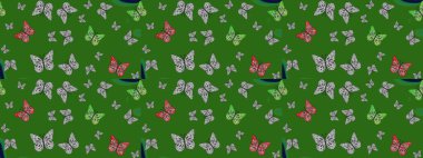 Raster çiçek desenli kelebek deseni. Kağıt, kumaş ve ambalaj için uygun. Yeşil ve gri renkli resimler.