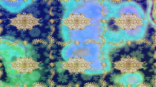 Doğu tarzı arabesk. Altın elementli mavi renkler. Raster altın desen. Raster illüstrasyonu. Altın desenli bukleler çiz.