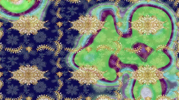 Altın elementlerle mavi renklerde altın desen. Süslü raster dekorasyonu. Barok biçiminde duvar kağıdı tasarımı için şablon çizimi arkaplanı.