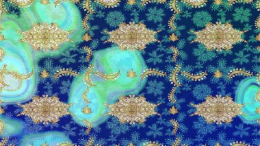 Geleneksel raster ve altın desen. Damask eskiz süsü. Klasik oryantal desen mavi renkler üzerinde.