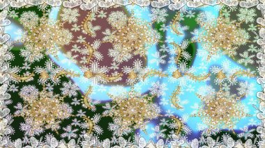 Duvar kâğıdı barok, İspanyol kumaşı. Çiçek deseni. Kusursuz raster arka plan. Tarafsız renklerde altın elementler. Şekil grafik deseni.